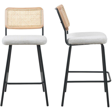 Lot de 2 chaises de bar en cannage et velours côtelé beige, piètement noir - Muse (1/5)