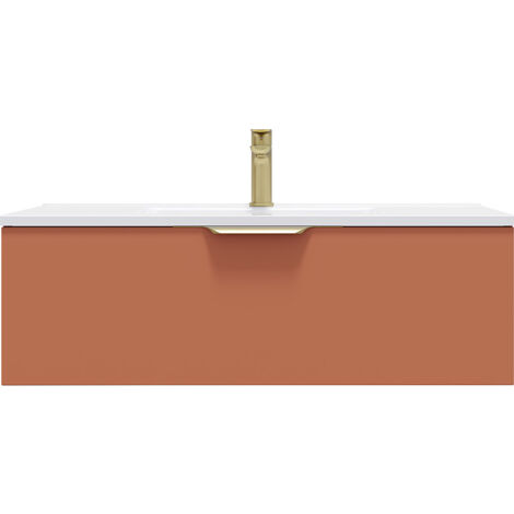 Homifab – Meuble bas de salle de bain suspendu 90cm – Vasque intégrée céramique blanc brillant – 1 tiroir – Finition mate terracotta – Poignées doré brossé (1/5)