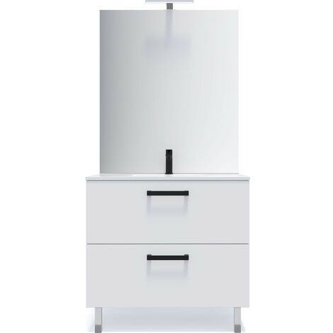Meuble de salle de bain suspendu avec pieds vasque intégrée 90cm 2 tiroirs Blanc + miroir - Chelsea (1/5)