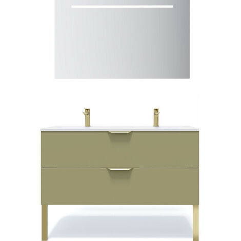Meuble de salle de bain suspendu double vasque intégrée 120cm 2 tiroirs Vert olive + miroir - Venice (1/5)
