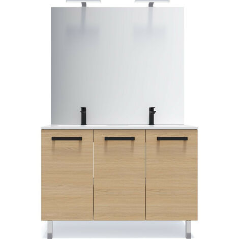 Meuble de salle de bain suspendu avec pieds double vasque intégrée 120cm 3 portes Chêne clair + miroir - Chelsea (1/5)