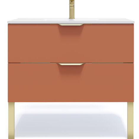 Homifab – Meuble de salle de bain suspendu 90cm – Vasque intégrée – 2 tiroirs avec amortisseurs – Finition mate terracotta – Installation invisible (1/5)