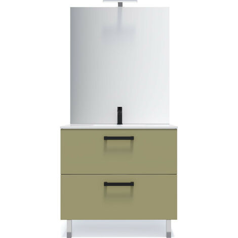Meuble de salle de bain suspendu avec pieds vasque intégrée 90cm 2 tiroirs Vert olive + miroir - Chelsea (1/5)