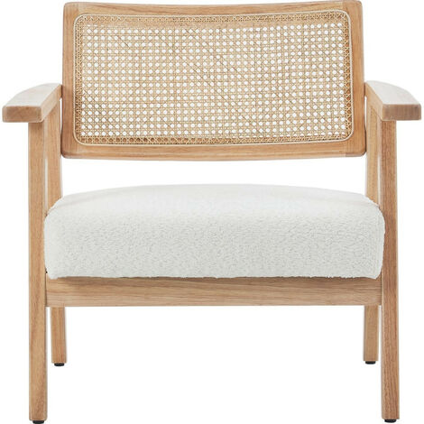 Fauteuil en tissu bouclé écru et cannage naturel - Tim (1/5)