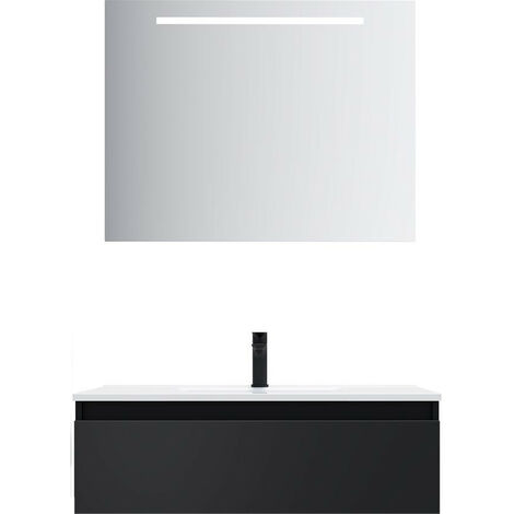 Meuble de salle de bain suspendu vasque intégrée 90cm 1 tiroir Noir + miroir - Hudson (1/5)