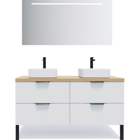 Meuble de salle de bain suspendu 2 vasques à poser 140cm 4 tiroirs Blanc + miroir - Soho (1/5)