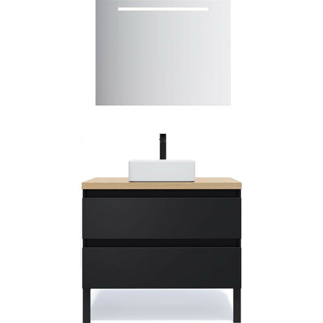 Meuble de salle de bain suspendu vasque à poser 90cm 2 tiroirs Noir + miroir - Hudson (1/5)