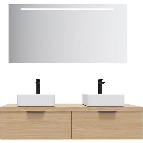 Meuble de salle de bain suspendu 2 vasques à poser 140cm 2 tiroirs Chêne clair + miroir - Soho (1/5)