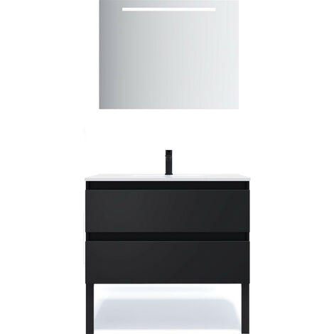 Meuble de salle de bain suspendu vasque intégrée 90cm 2 tiroirs Noir + miroir - Hudson (1/5)