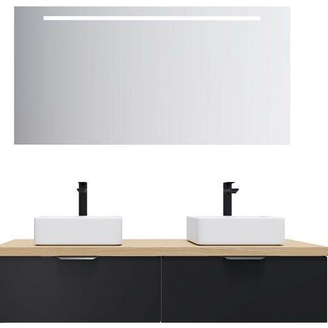 Meuble de salle de bain suspendu 2 vasques à poser 140cm 2 tiroirs Noir + miroir - Soho (1/5)