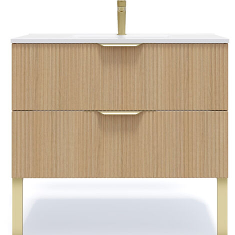 Homifab – Meuble de salle de bain suspendu 90cm – Vasque intégrée céramique blanc brillant – 2 tiroirs avec amortisseurs – Chêne cannelé (1/5)