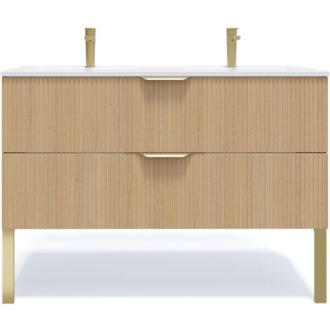 Homifab – Meuble de salle de bain suspendu double vasque intégrée 120cm – 2 tiroirs – Chêne cannelé – Installation murale invisible