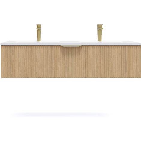 Homifab – Meuble double vasque suspendu 120cm en chêne cannelé – 1 tiroir avec amortisseurs – Plan vasque céramique blanc brillant