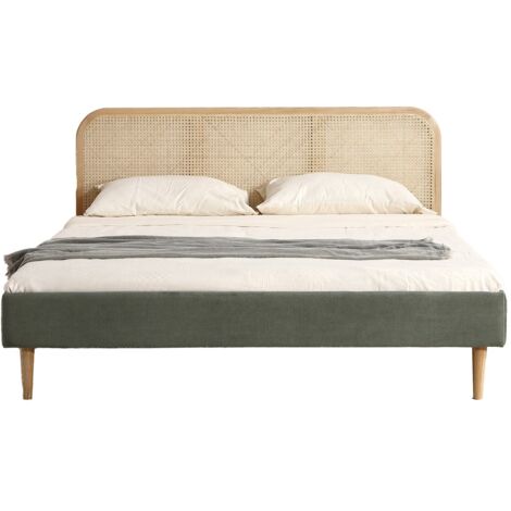 Lit adulte 140x190 cm en velours côtelé vert kaki avec tête de lit en cannage - Dalia (1/5)