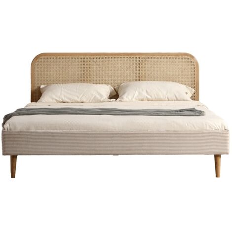 Homifab – Lit adulte 140x190 cm en velours côtelé beige – Tête de lit en cannage naturel – Structure en frêne massif – Sommier 24 lattes inclus (1/5)