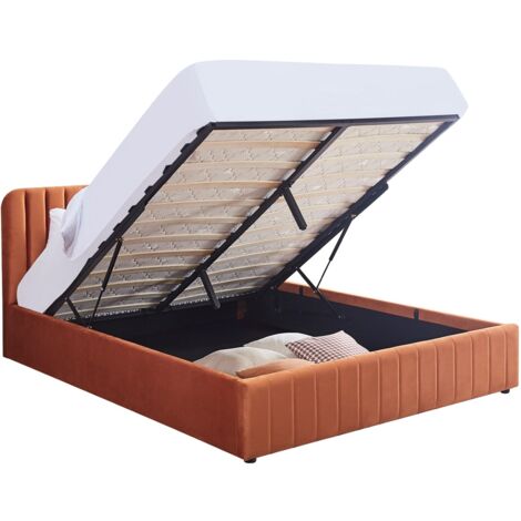 Lit coffre adulte 140x190 cm avec tête de lit capitonnée en velours terracotta - Ava (1/5)