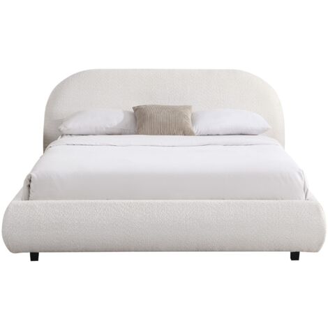 Lit adulte 160x200 cm avec sommier et tête de lit matelassée en tissu bouclé beige - Maddie (1/5)