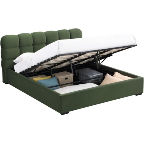 Lit coffre adulte 180x200 cm avec sommier et tête de lit capitonnée en velours vert kaki - Lola