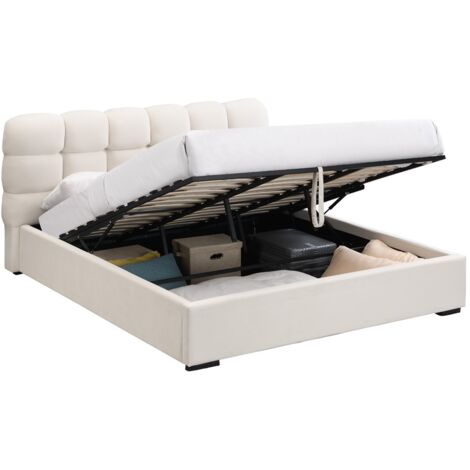 Homifab – Lit coffre adulte 180x200 cm – Sommier relevable à lattes – Tête de lit capitonnée en velours beige – Rangement intégré (1/5)