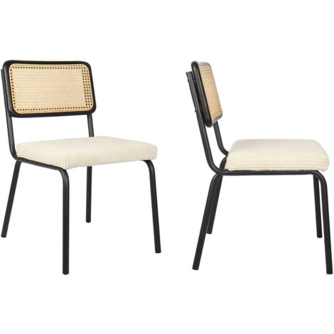 Lot de 2 chaises en métal et bois noir, cannage naturel et velours côtelé beige - Paula (1/5)