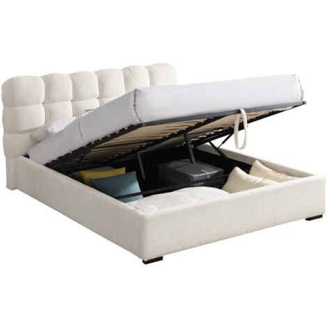 Lit coffre adulte 180x200 cm avec sommier et tête de lit capitonnée en tissu bouclé beige - Lola