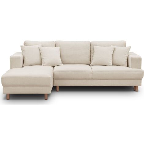 Canapé d'angle à gauche convertible 4 places en tissu chenille beige - Marceau (1/5)