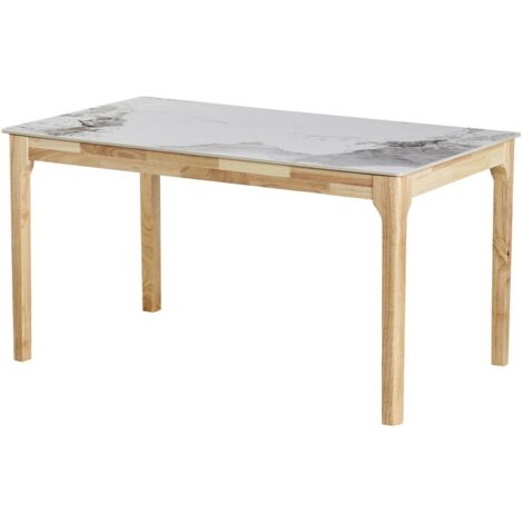 Homifab – Table de salle à manger en céramique effet pierre blanche 140 cm – 6 places – Piètement en bois d'hévéa – Design moderne (1/5)