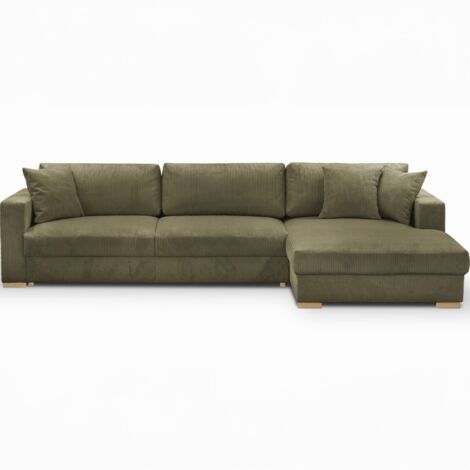Homifab – Canapé d'angle convertible 5 places en velours côtelé vert kaki – Coffre de rangement – Dimensions couchage 137x252 cm – Structure en pin massif