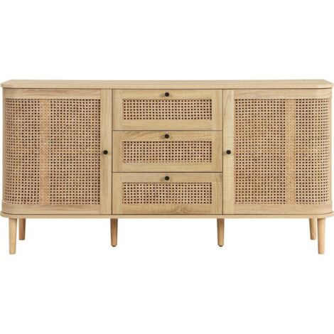 Homifab – Buffet 2 portes 3 tiroirs en MDF effet chêne et cannage – Dimensions 150x39x77 cm – Piètement bois massif 15 cm – Poignées laiton mat (1/5)