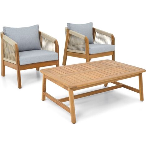 Salon de jardin 2 places en bois FSC - 2 fauteuils et table basse - Symi (1/5)