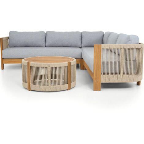 Homifab – Salon de jardin d'angle 5 places en bois d'acacia FSC – Coussins déhoussables gris chiné – Table basse ronde 80x80cm (1/5)