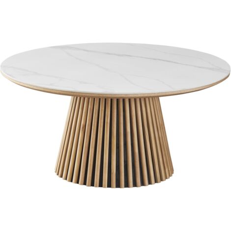 Homifab – Table basse ronde en céramique effet marbre blanc Ø80 cm – Piètement central en bois clair – Résistante aux rayures et éclaboussures (1/5)
