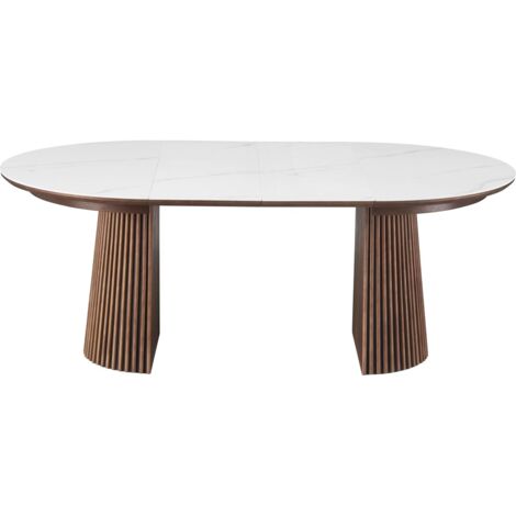Table à manger ronde extensible plateau en céramique effet marbre et bois foncé 6/8 personnes 120/200 cm - Ada