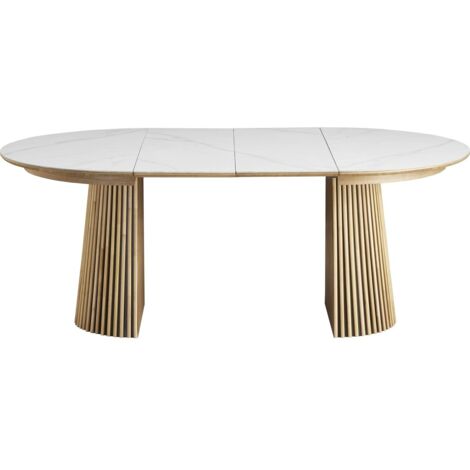 Table à manger ronde extensible plateau en céramique effet marbre et bois clair 6/8 personnes 120/200 cm - Ada