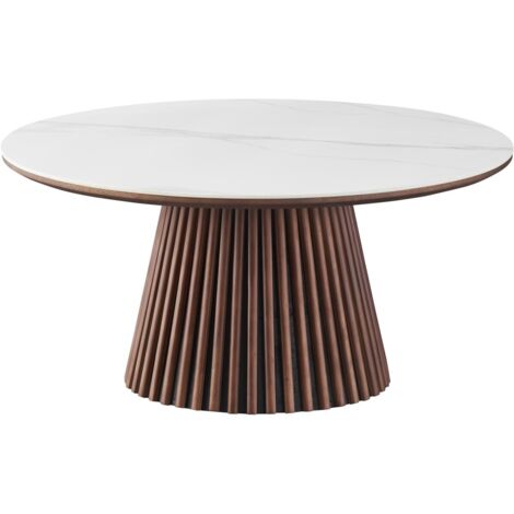 Homifab – Table basse ronde en céramique effet marbre blanc Ø80 cm – Piètement central en bois cannelé – Résistante aux rayures et éclaboussures (1/5)