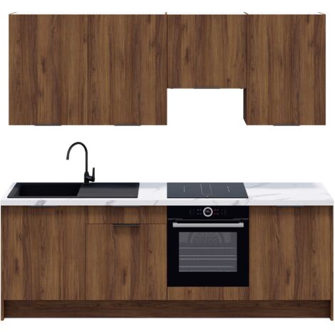Homifab – Ensemble de 8 meubles de cuisine – Longueur 245 cm – Noyer brun – Évier noir réversible avec robinet – Fabrication française (1/5)
