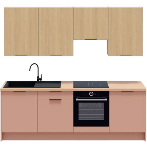 Ensemble de 8 meubles de cuisine - L. 245 cm - abricot et chêne clair cannelé - Luzia Mix (1/5)