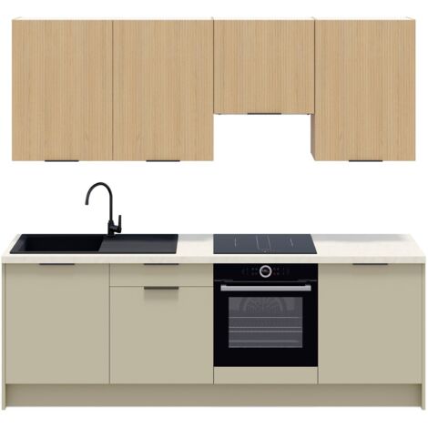 Ensemble de 8 meubles de cuisine - L. 245 cm - vert sauge et chêne clair cannelé - Luzia Mix (1/5)