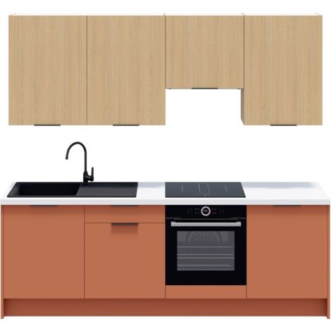 Ensemble de 8 meubles de cuisine - L. 245 cm - terracotta et chêne clair cannelé - Luzia Mix (1/5)