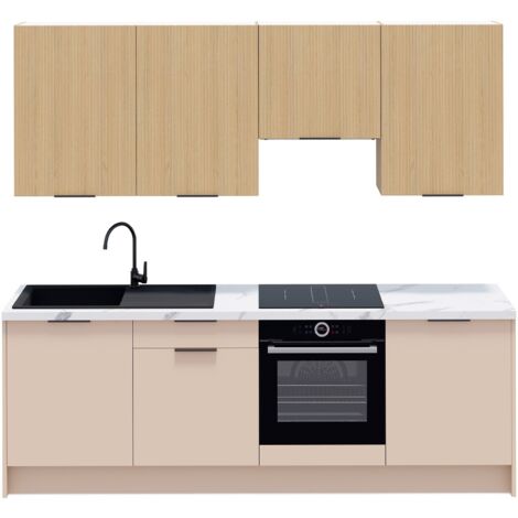 Ensemble de 8 meubles de cuisine - L. 245 cm - beige cachemire et chêne clair cannelé - Luzia Mix (1/5)