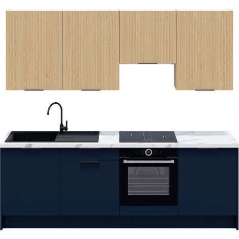 Ensemble de 8 meubles de cuisine - L. 245 cm - bleu marine et chêne clair cannelé - Luzia Mix (1/5)