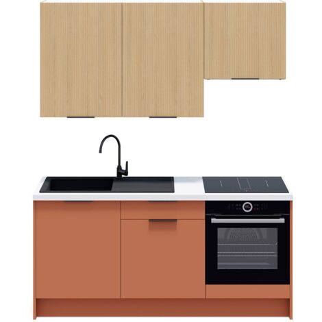 Ensemble de 6 meubles de cuisine - L. 185 cm - terracotta et chêne clair cannelé - Luzia Mix (1/5)