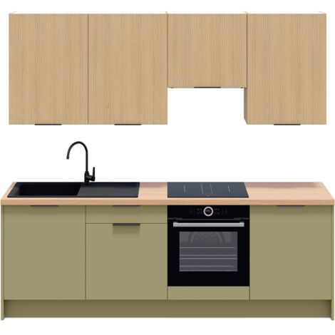 Ensemble de 8 meubles de cuisine - L. 245 cm - vert olive et chêne clair cannelé - Luzia Mix (1/5)