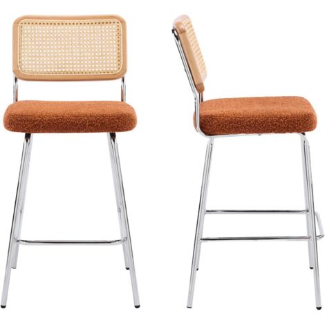 Lot de 2 chaises de bar en cannage et tissu bouclé rouille, piètement chromé - Muse (1/5)