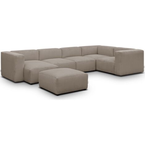 Canapé modulable panoramique 6 places avec méridienne à gauche + pouf en velours côtelé taupe - Modulo (1/5)