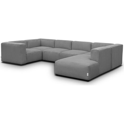 Canapé modulable panoramique 9 places ouvert à droite + pouf en velours côtelé gris clair - Modulo (1/5)