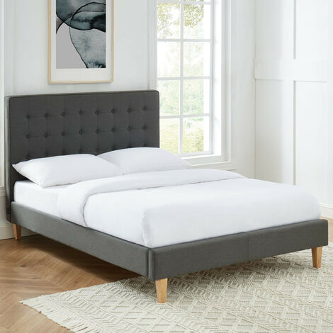 Lit Adulte Scandinave En Tissu Effet Lin Gris Anthracite Sommier