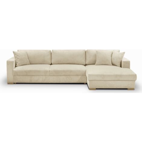 Homifab – Canapé d'angle convertible 5 places en velours côtelé beige – Coffre de rangement – Dimensions couchage 137 x 252 cm – Structure en pin massif