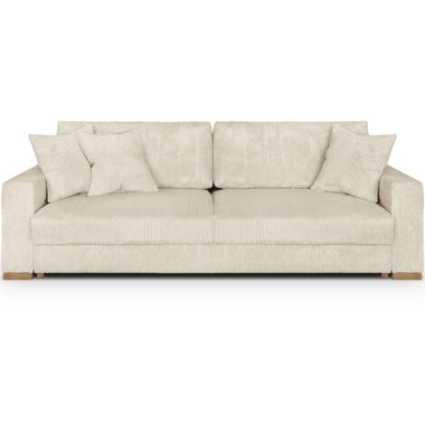 Homifab – Canapé convertible 3 places velours côtelé beige – Couchage 138 x 184 cm – Structure pin massif – 3 coussins déco inclus (1/5)