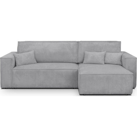 Homifab – Canapé d'angle convertible réversible 4 places avec coffre de rangement – Velours côtelé gris clair 380 g/m² – Assise profonde et coussins moelleux (1/5)